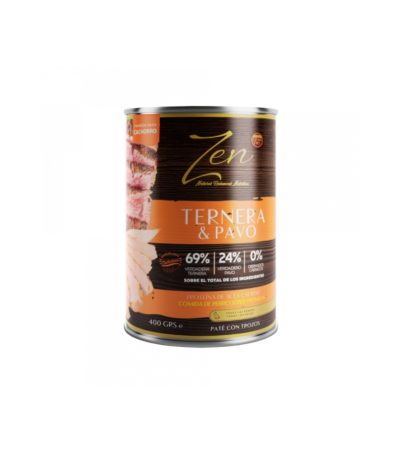 Compra Zen Paté con Trozos Ternera y Pavo para Perros. Comida húmeda completa con ingredientes de calidad, ideal para todas las razas y edades.